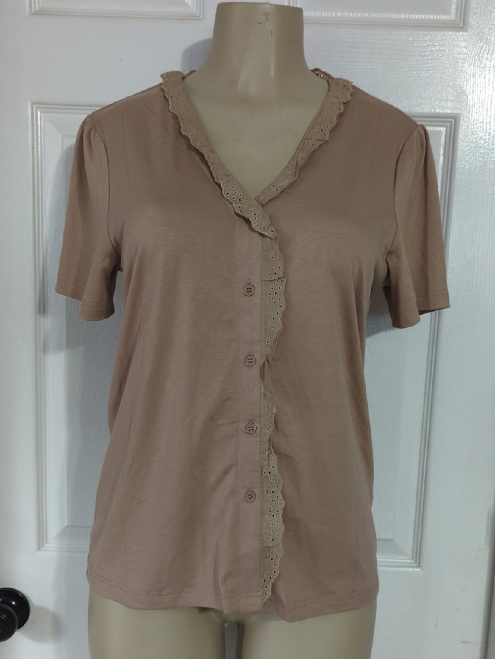 Lace-Trim Button Front Top in Light Beige